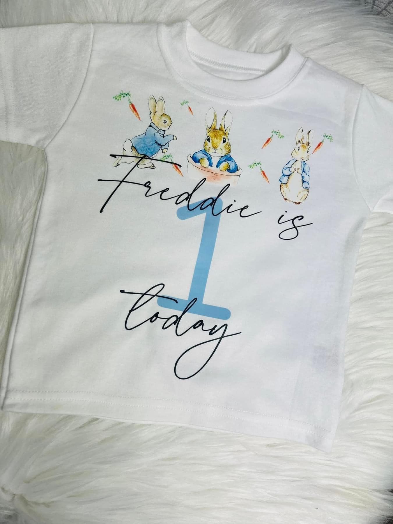 BLUE JACKET BUNNY PERSONALISED BIRTHDAY T-SHIRT