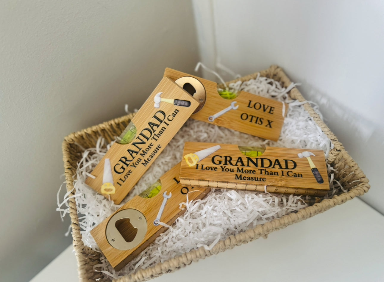 PERSONALISED SPIRIT LEVELS WITH BOTTLE OPENER