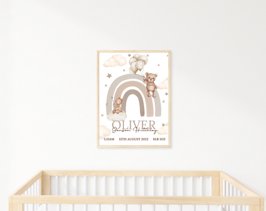 NEURTRAL BABY BEAR BALLOON CLOUD PRINT- FREE POSTAGE