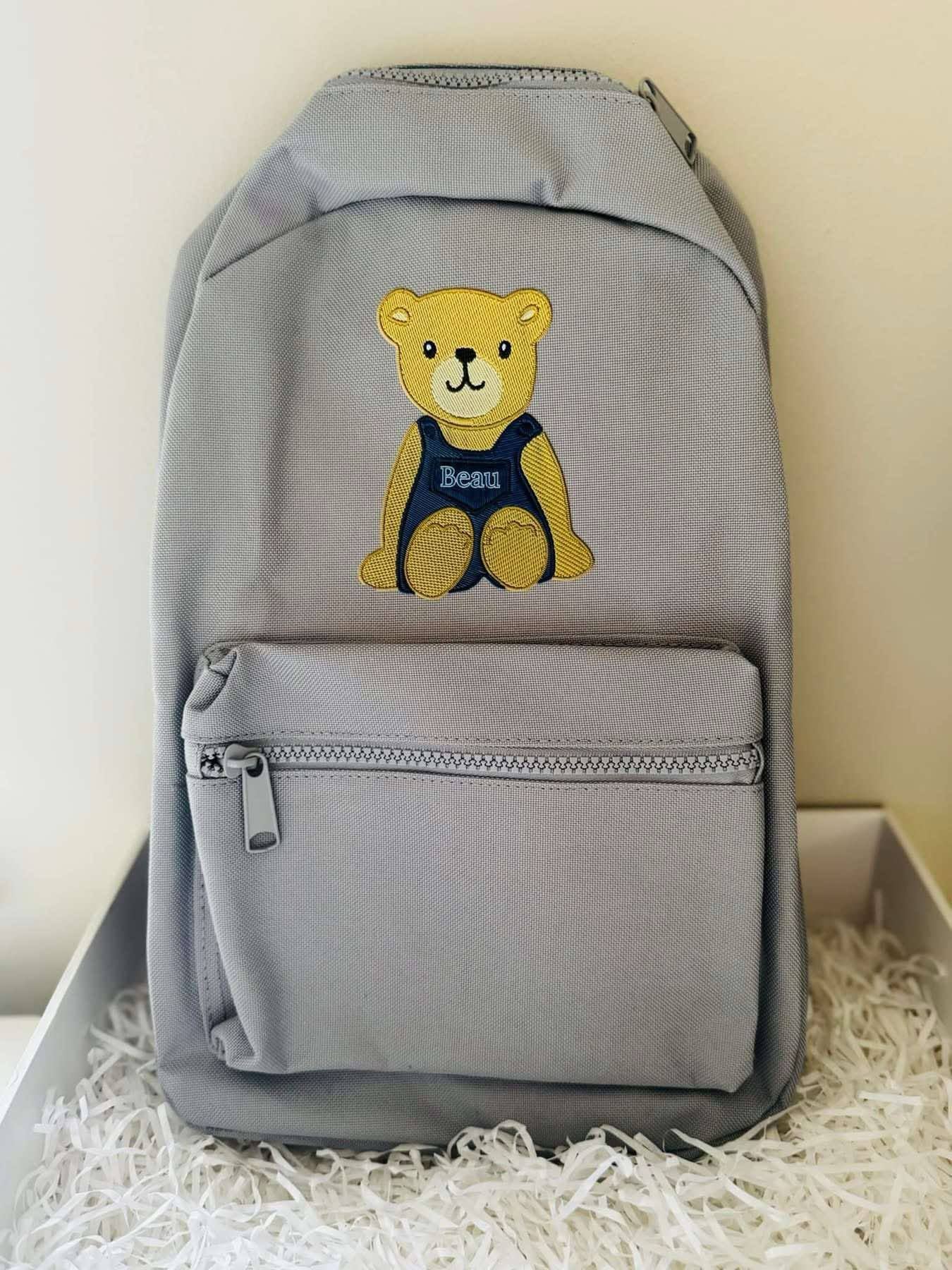 Personalised blue embroidery bear design backpack