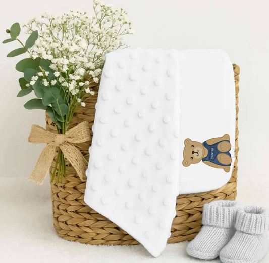 Embroidery blue dungaree style bear white dimple blanket