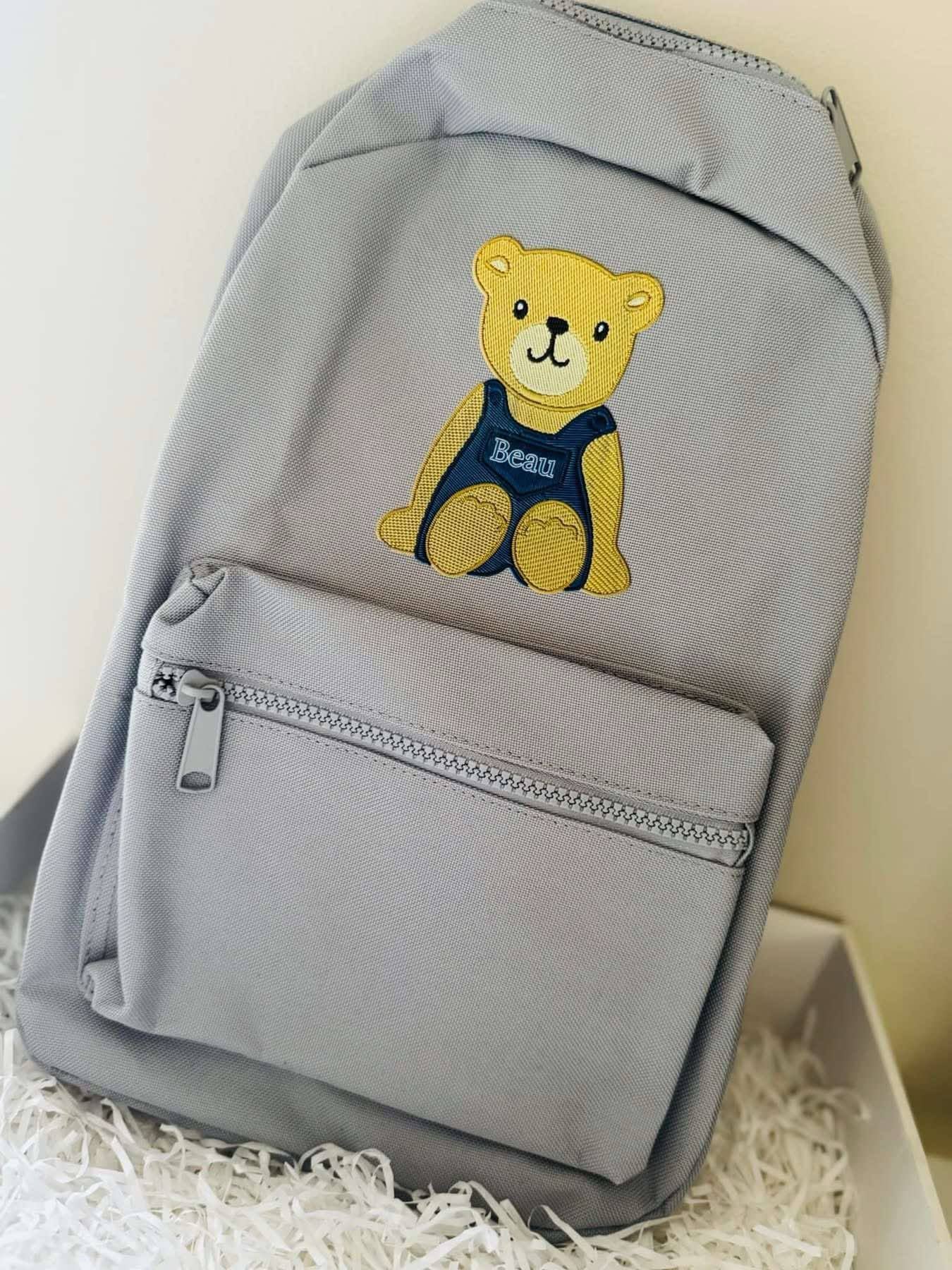 Personalised blue embroidery bear design backpack